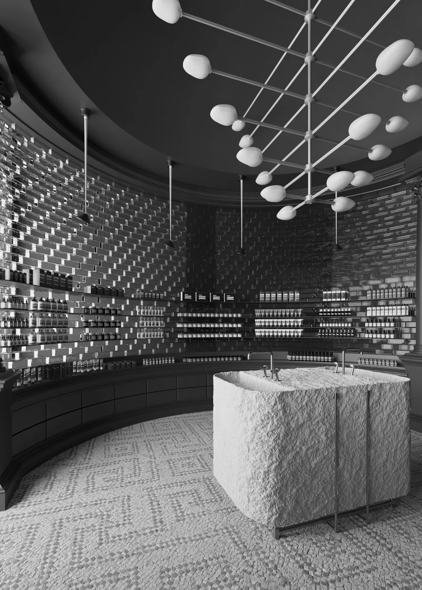 Handcrafted Mosaic Floor and Curved Black Ceramic Wall Detail