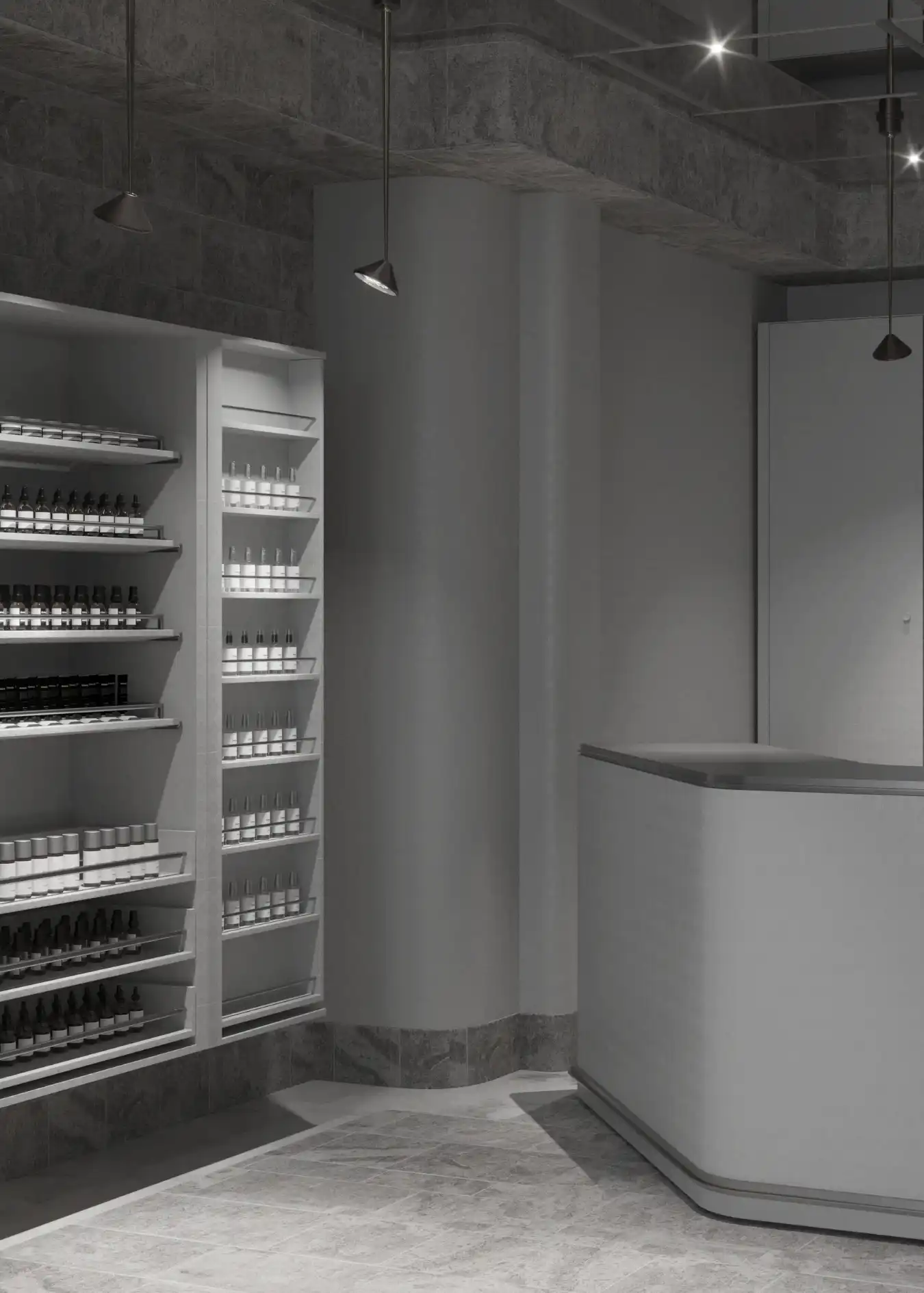 Minimalist Cosmetics Display Counter and Material Detail