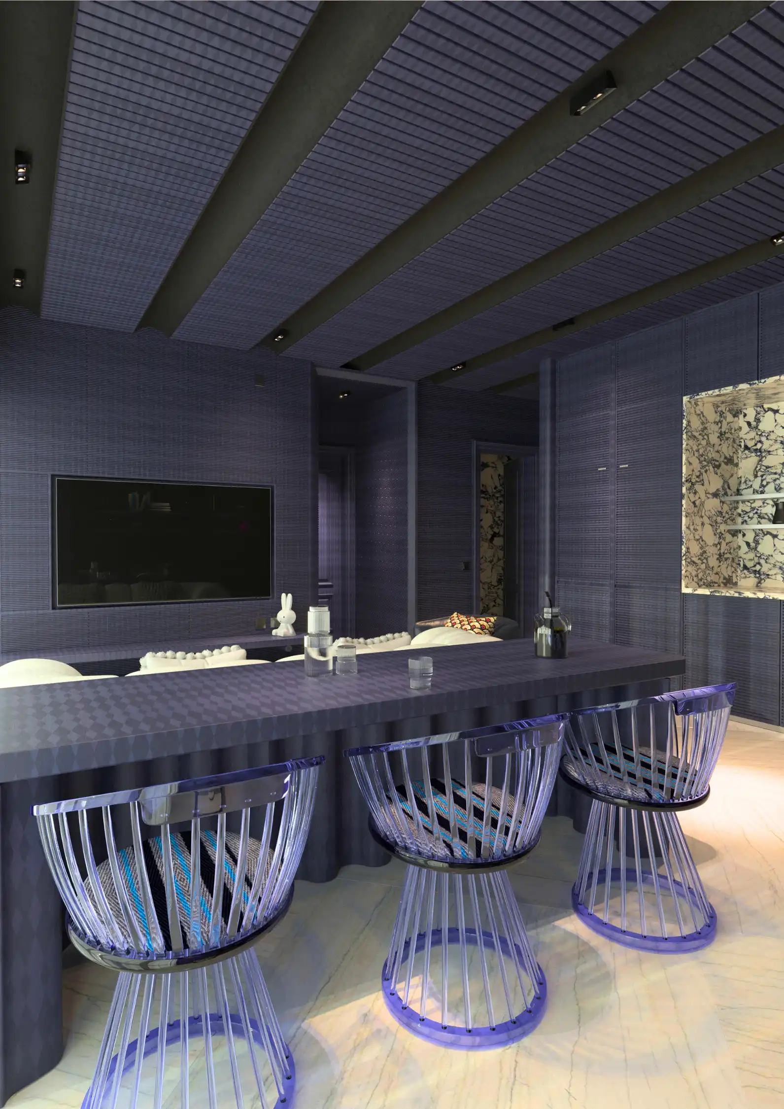 Dynamic architectural lighting and shadow play in a high-fidelity Miami residential rendering.