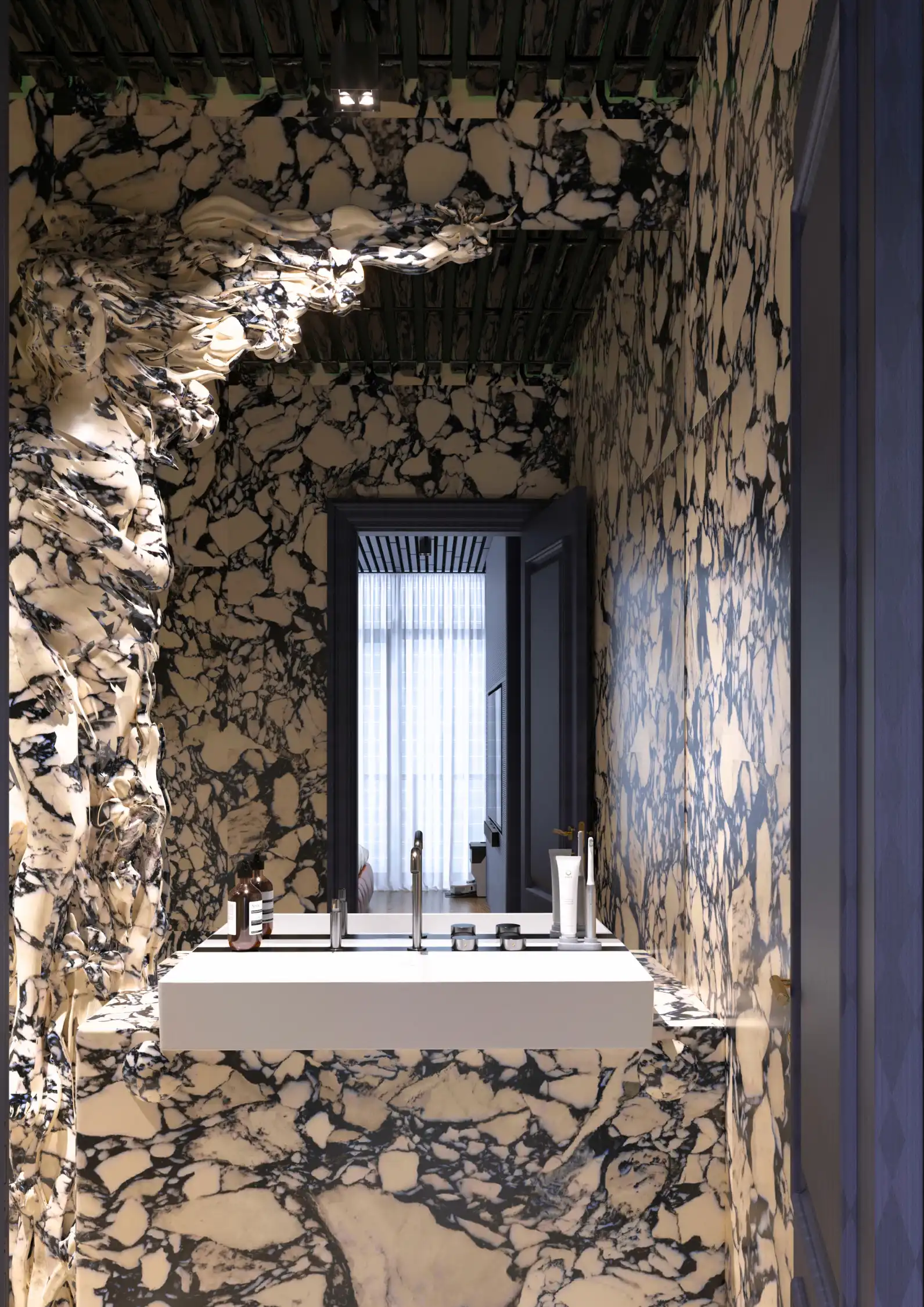 Ultra-luxury bathroom visualization with premium stone surfaces and Art Up Modern aesthetics.