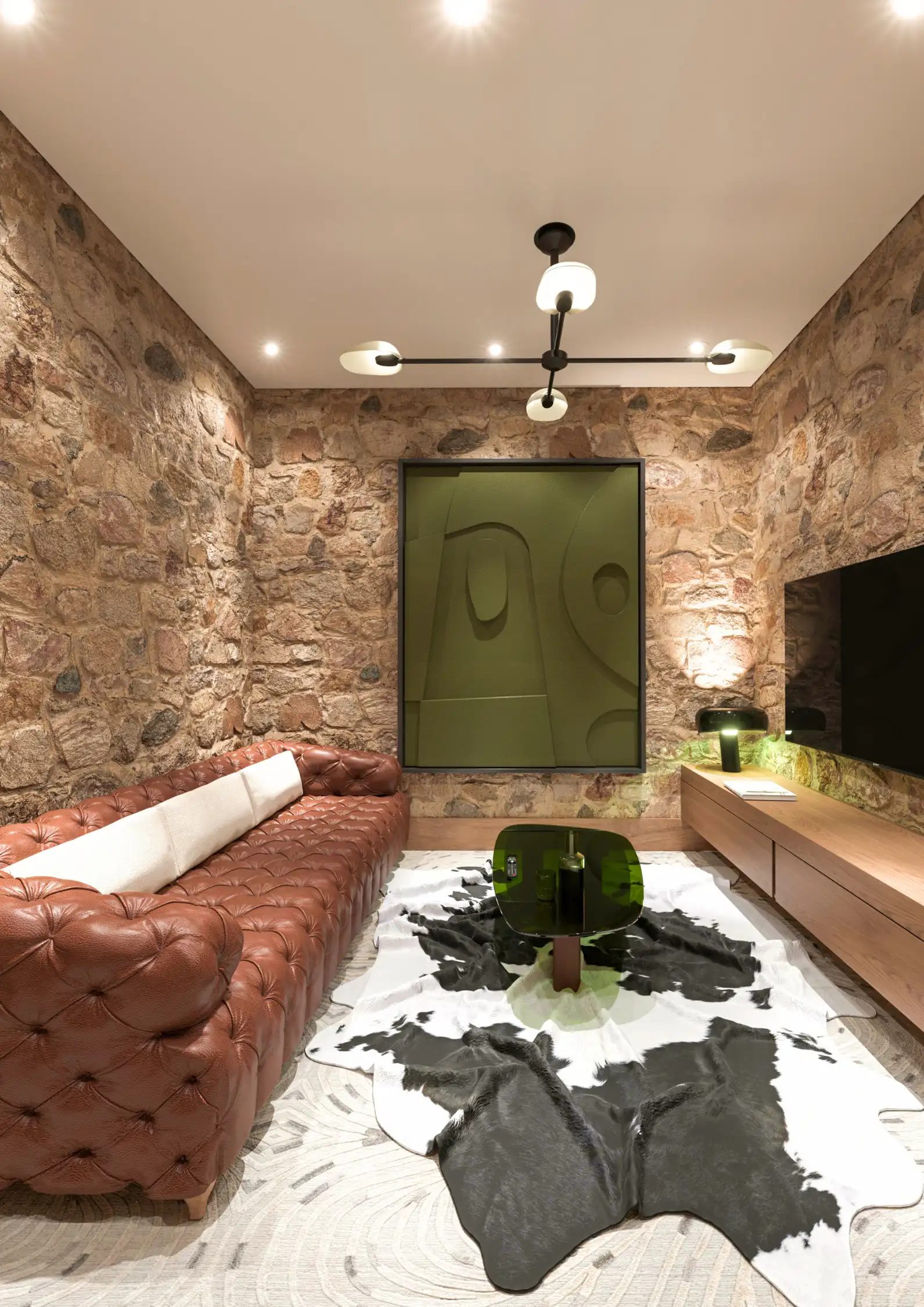 Elegant master bedroom featuring natural stone walls and premium leather finishes by GESIGN STUDIO.