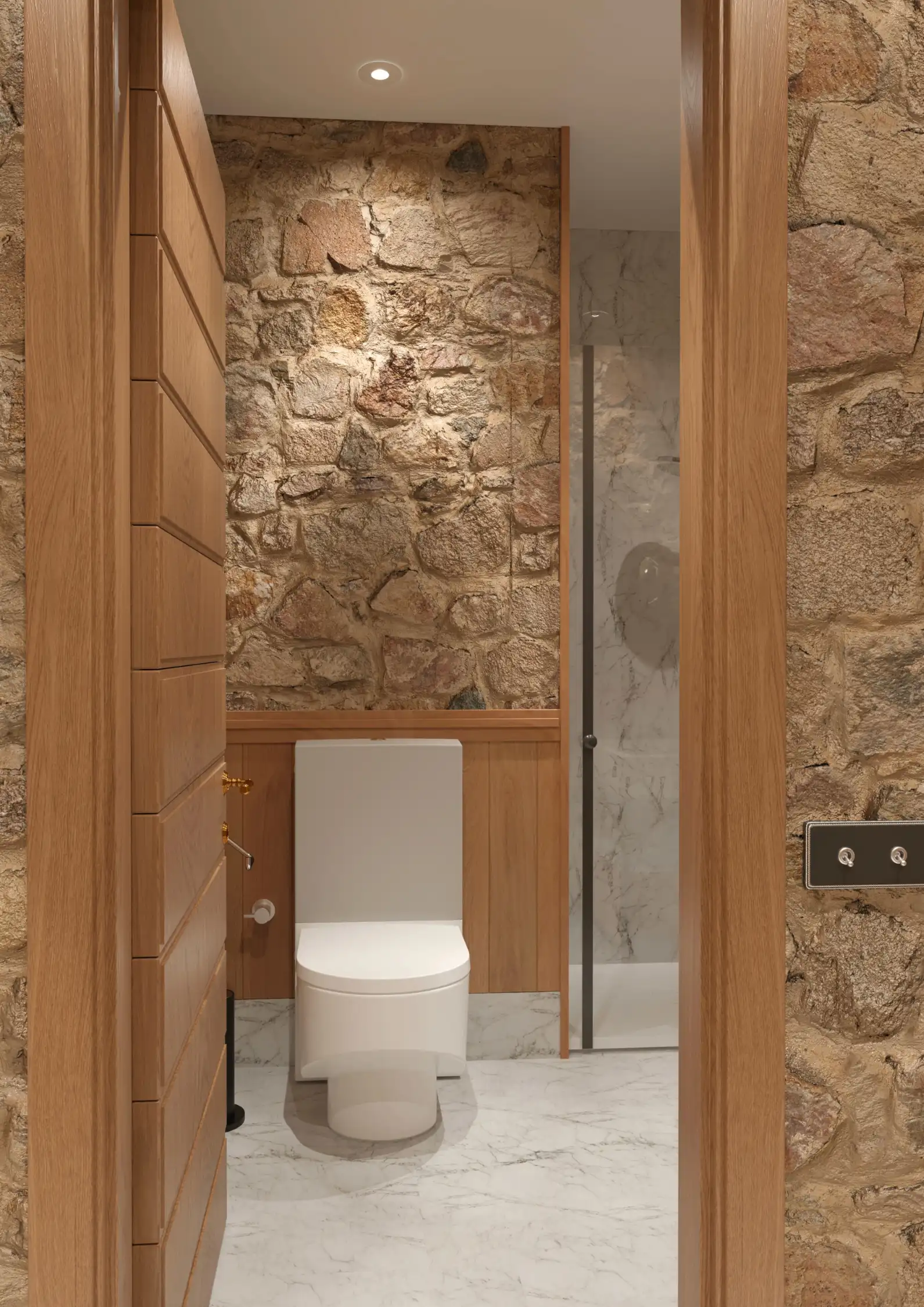 Sculptural lighting and timber ceiling design contrast by GESIGN STUDIO.