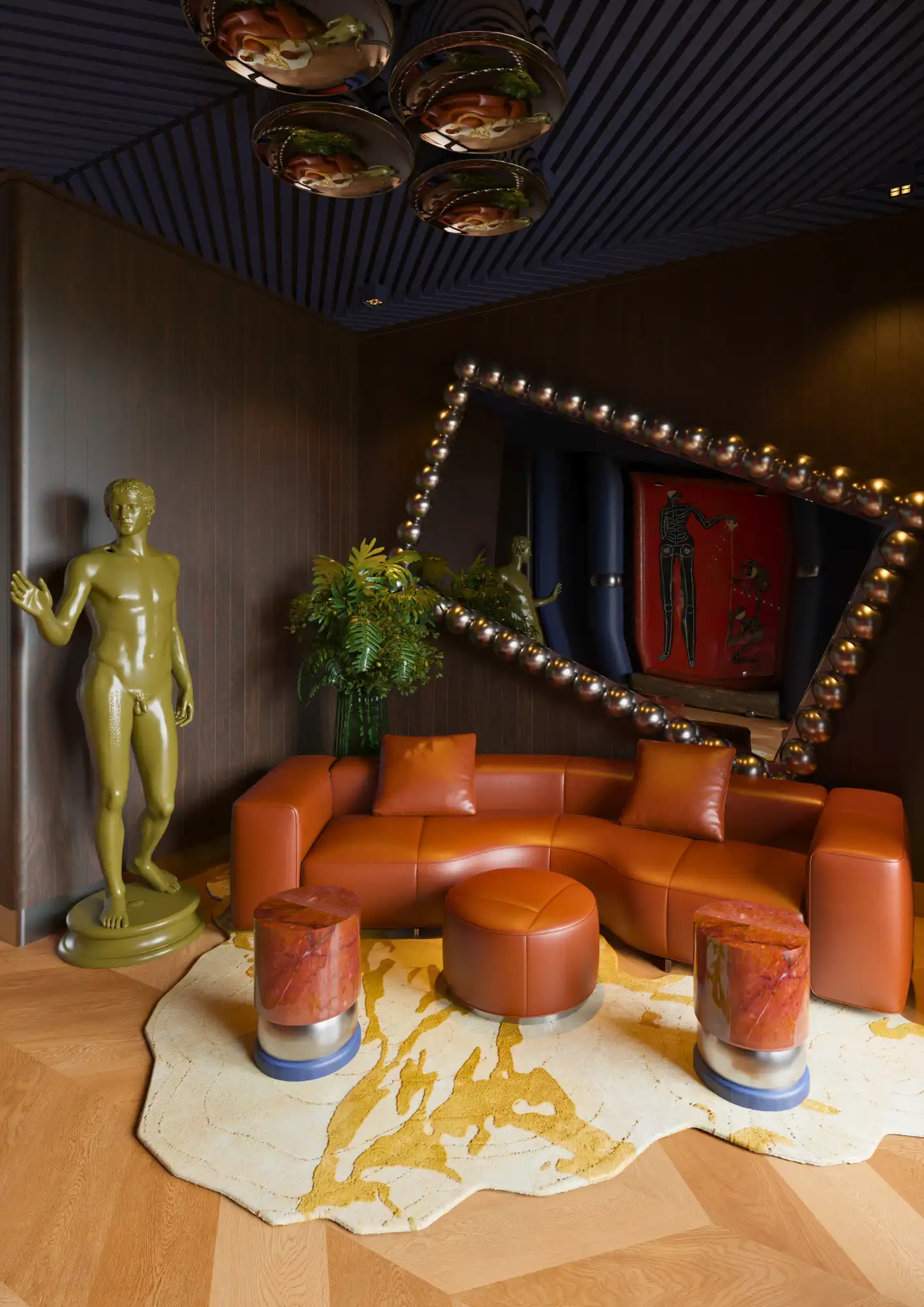 Ic Mimari Malzeme Paleti Ceviz Panel ve Mermer Tektonigi